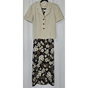 Vtg R&K Originals Women Sz 8 Shift Dress Maxi w/Linen‎ Jacket Black Beige Floral